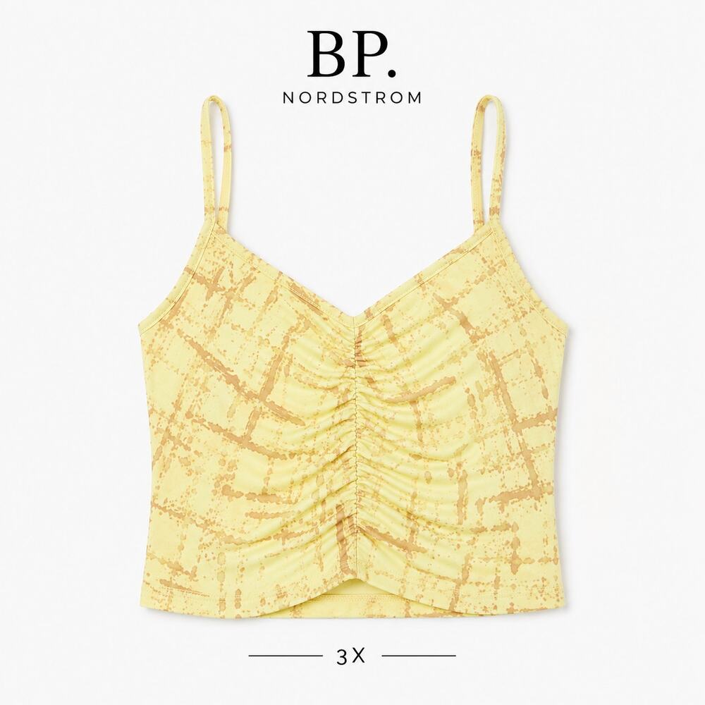 BP Nordstrom Ruched Crop Cami Yellow Abstract Print Spaghetti Strap 3X NWT
